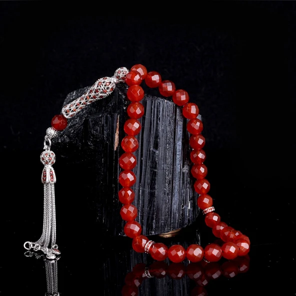 Zirkon Taşlı Gümüş Püsküllü Kristal Kesme Akik Taşı Tesbih ürün görseli