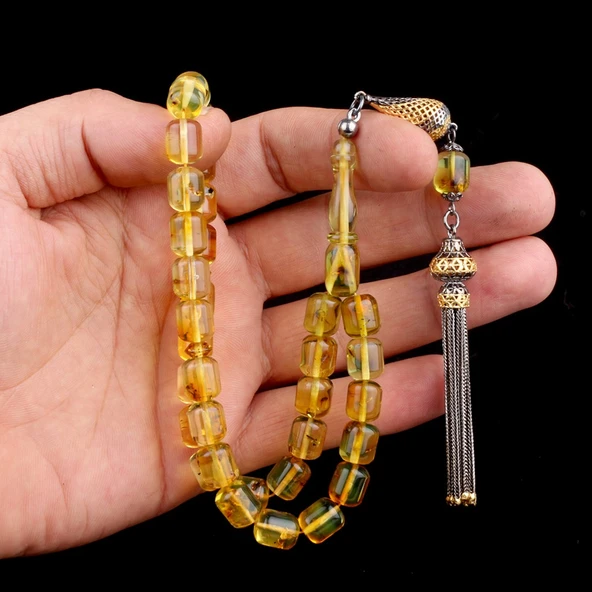 HER TANESİ SİNEK FOSİLLİ GÜMÜŞ PÜSKÜLLÜ KAPSÜL KESİM DAMLA KEHRİBAR TESBİH - Resim 3