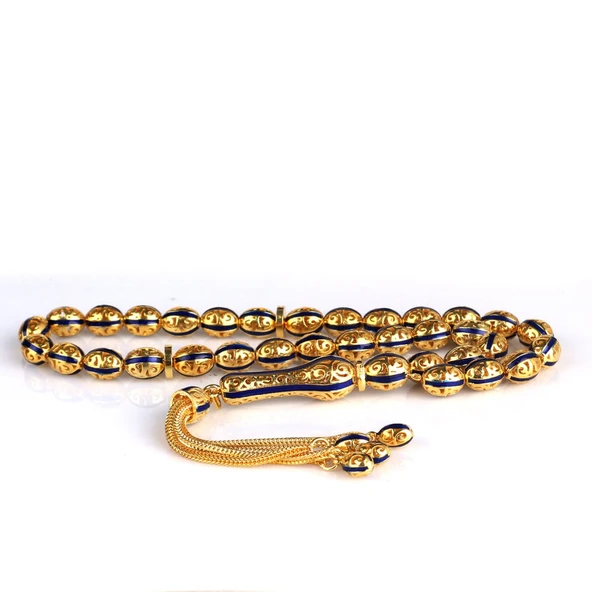 ARPA KESİM ALTIN KAPLAMA LACİVERT RENK MİNELİ 925 AYAR GÜMÜŞ TESBİH - Resim 4