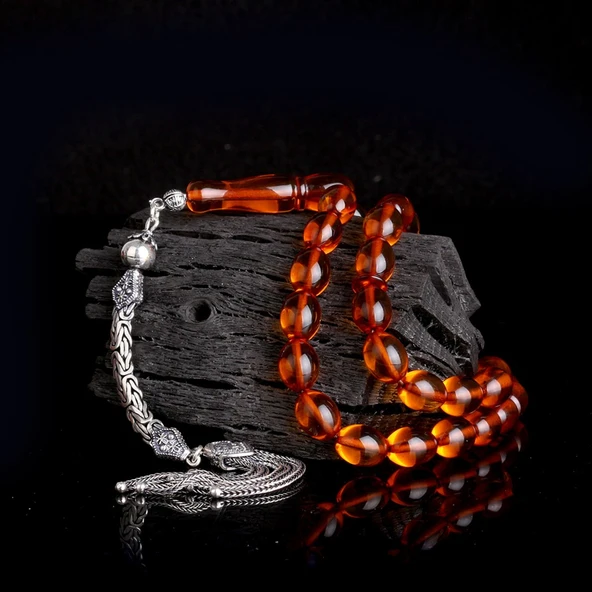 925 Ayar Gümüş Kral Püsküllü Arpa Kesim Damla Kehribar Tesbih - Resim 2