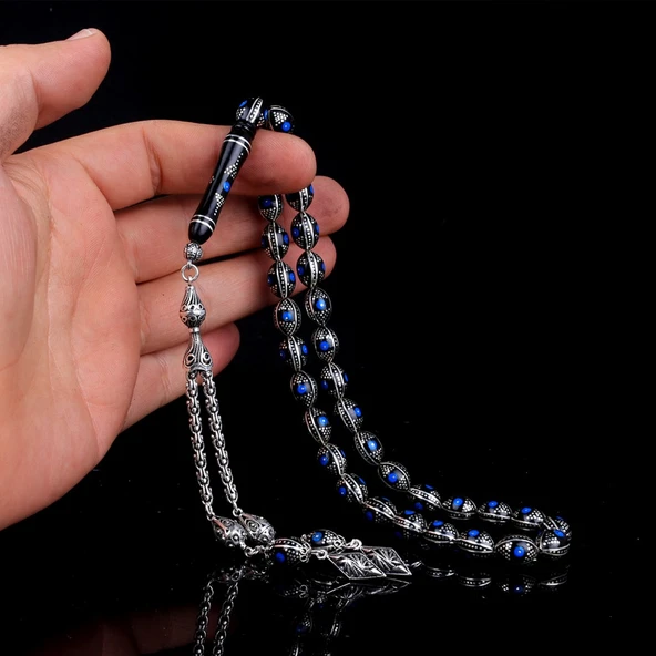 Arpa Model Gümüş İşlemeli Erzurum Oltu Taşı Tesbih - Resim 4