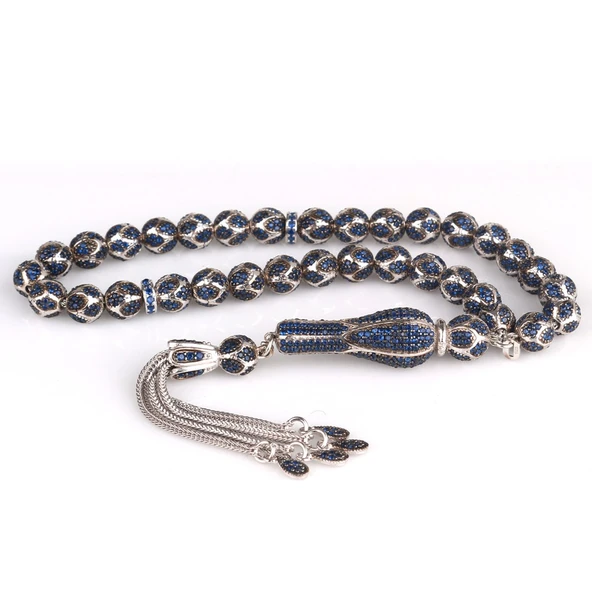 LACİVERT RENK ZİRKON TAŞ İŞLEMELİ TAMAMI 925 AYAR GÜMÜŞ TESBİH - Resim 4