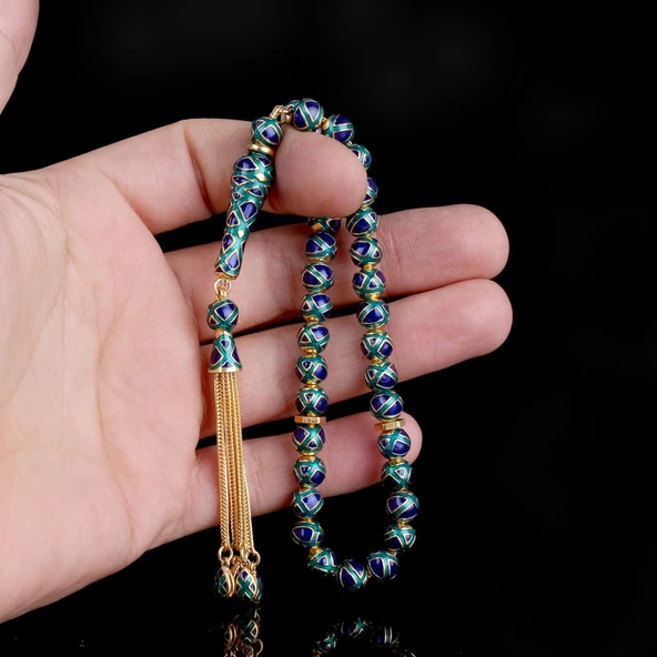 LACİVERT YEŞİL RENK MİNELİ 925 AYAR GÜMÜŞ TESBİH - Resim 3