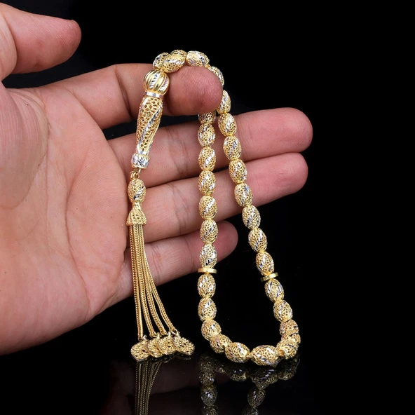 TAMAMI 925 AYAR GÜMÜŞ ALTIN KAPLAMALI TELKARİ MODEL TESBİH - Resim 3