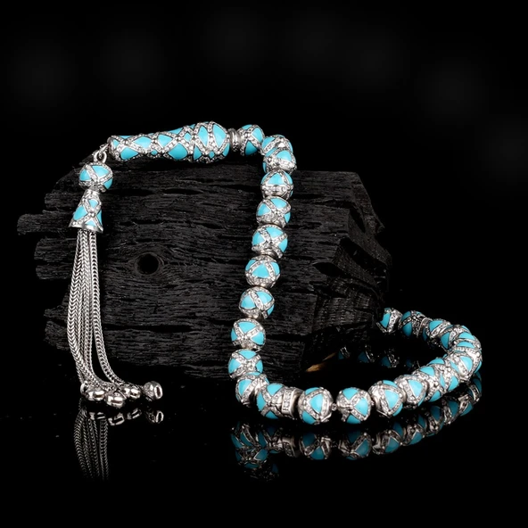 ZİRKON TAŞLI TURKUAZ RENK MİNELİ 925 AYAR GÜMÜŞ TESBİH - Resim 2