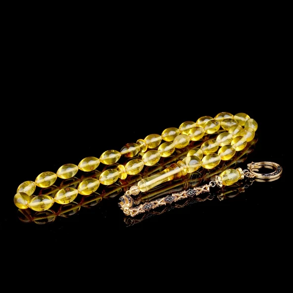 Siyah Zirkon Taşlı Ayyıldız Model Arpa Kesim Damla Kehribar Tesbih - Resim 2