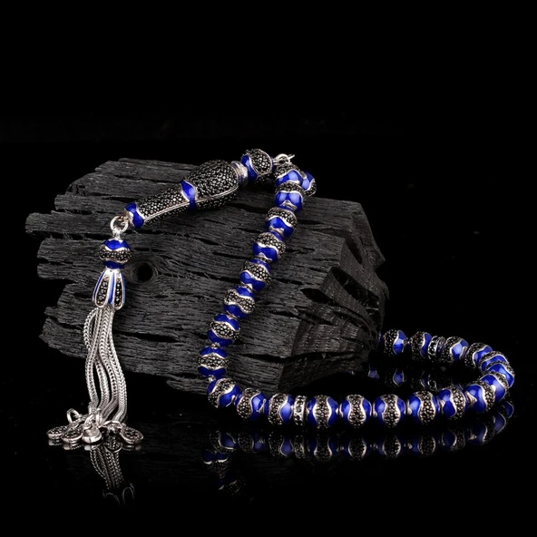 LACİVERT RENK MİNELİ ZİRKON TAŞLI 925 AYAR GÜMÜŞ TESBİH - Resim 2