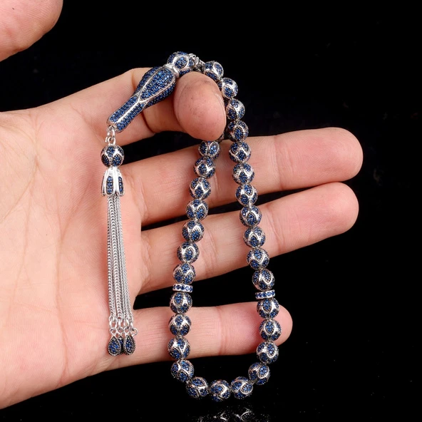 LACİVERT RENK ZİRKON TAŞ İŞLEMELİ TAMAMI 925 AYAR GÜMÜŞ TESBİH - Resim 3