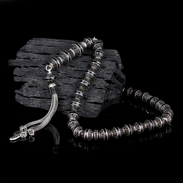 SİYAH RENK MİNELİ ZİRKON TAŞLI 925 AYAR GÜMÜŞ TESBİH - Resim 2