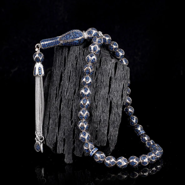 LACİVERT RENK ZİRKON TAŞ İŞLEMELİ TAMAMI 925 AYAR GÜMÜŞ TESBİH ürün görseli