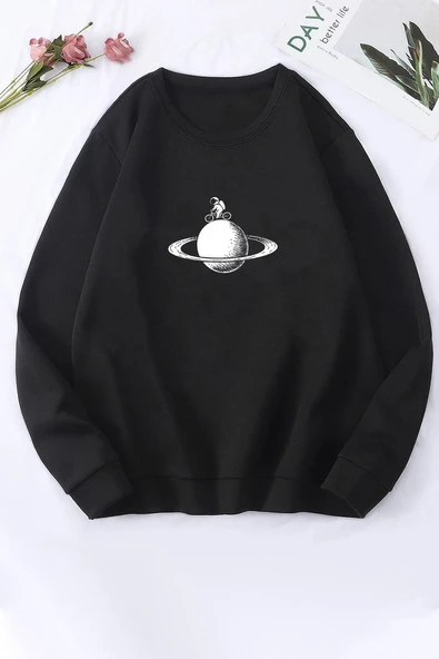 Unisex Astronaut Rides Baskılı Bisiklet Yaka Sweatshirt ürün görseli