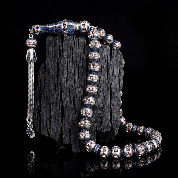 LACİVERT RENK ZİRKON TAŞLI 925 AYAR GÜMÜŞ TESBİH ürün görseli 1