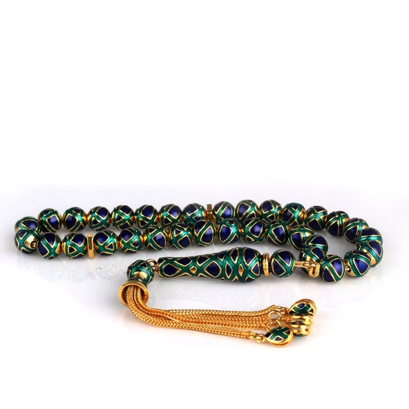 LACİVERT YEŞİL RENK MİNELİ 925 AYAR GÜMÜŞ TESBİH - Resim 4