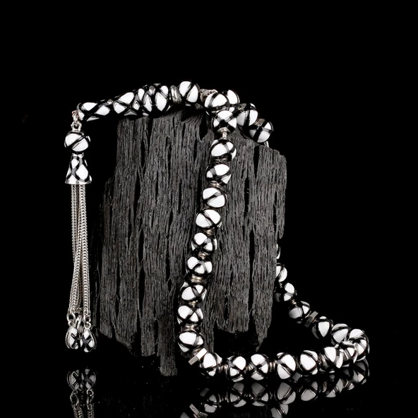 SİYAH BEYAZ RENK MİNELİ 925 AYAR GÜMÜŞ TESBİH ürün görseli