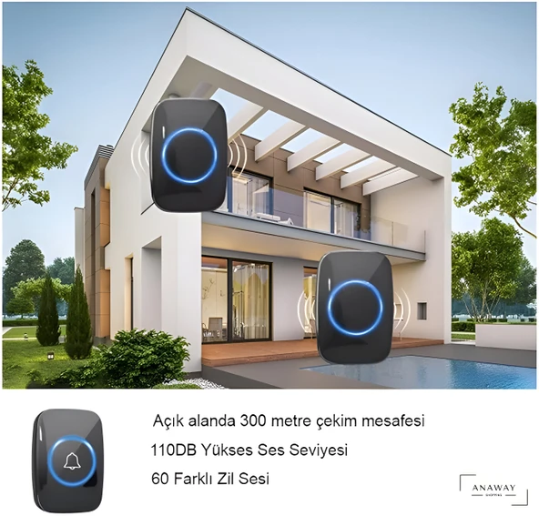 anaway Kablosuz Kapı Zili 2 Alıcılı + 1 Zil Ledli Uzaktan Kumandalı Işıklı Kapı Zili Yüksek Sesli - 9