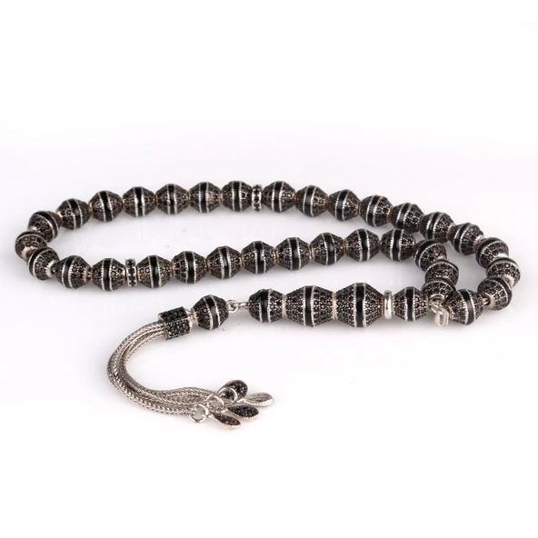 SİYAH RENK MİNELİ ZİRKON TAŞLI 925 AYAR GÜMÜŞ TESBİH - Resim 4