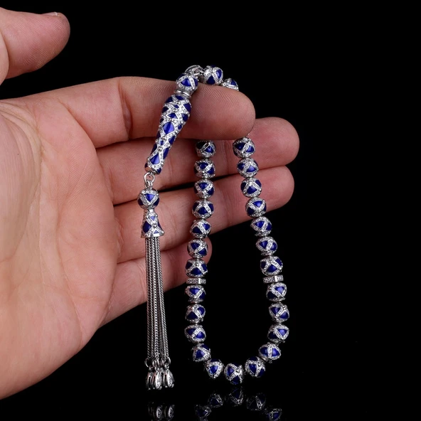 LACİVERT RENK MİNELİ ZİRKON TAŞLI 925 AYAR GÜMÜŞ TESBİH - Resim 3
