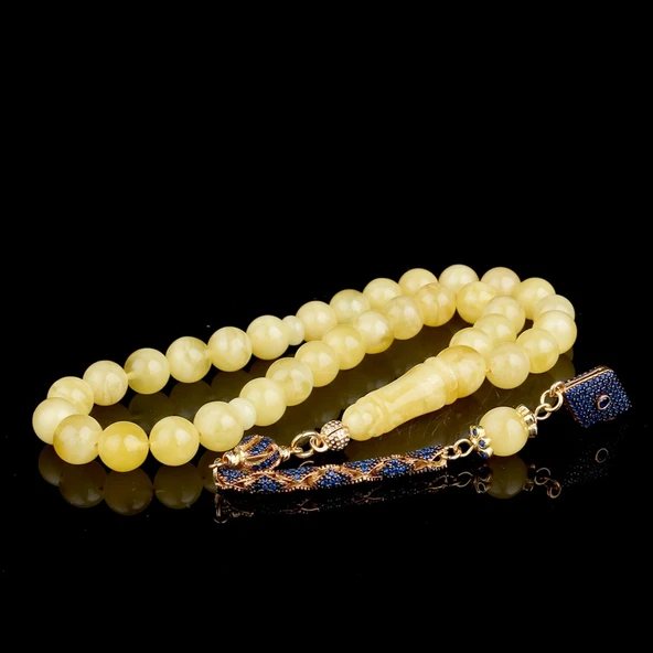 Lacivert Renk Zirkon Taşlı Gümüş Püsküllü Damla Kehribar Tesbih - Resim 2