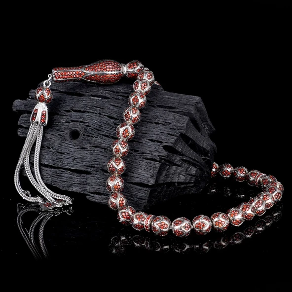 KIRMIZI ZİRKON TAŞ İŞLEMELİ TAMAMI 925 AYAR GÜMÜŞ TESBİH - Resim 2