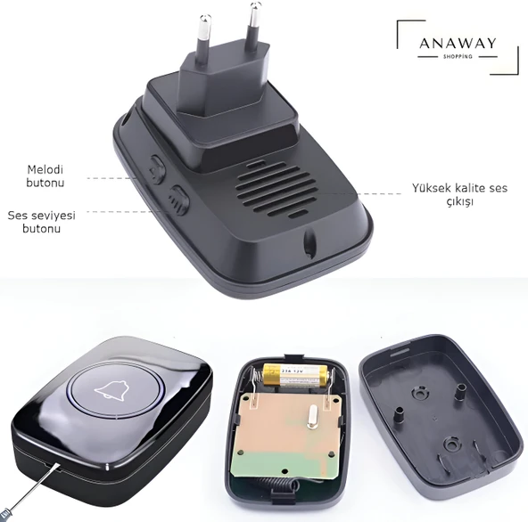 anaway Kablosuz Kapı Zili 2 Alıcılı + 1 Zil Ledli Uzaktan Kumandalı Işıklı Kapı Zili Yüksek Sesli - 8