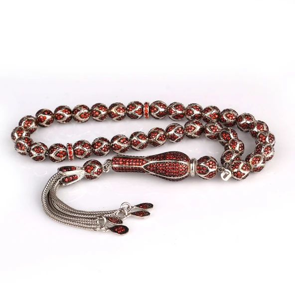 KIRMIZI ZİRKON TAŞ İŞLEMELİ TAMAMI 925 AYAR GÜMÜŞ TESBİH - Resim 4
