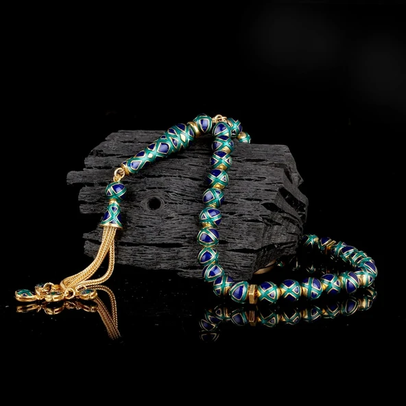 LACİVERT YEŞİL RENK MİNELİ 925 AYAR GÜMÜŞ TESBİH - Resim 2