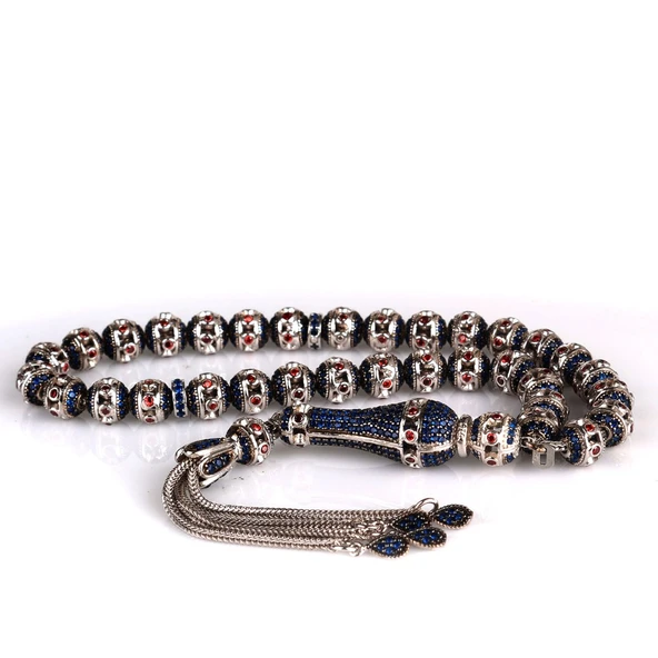 LACİVERT RENK ZİRKON TAŞLI 925 AYAR GÜMÜŞ TESBİH - Resim 4