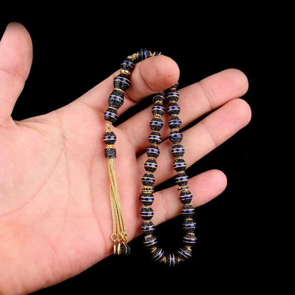 LACİVERT RENK MİNELİ ZİRKON TAŞLI 925 AYAR GÜMÜŞ TESBİH - Resim 3