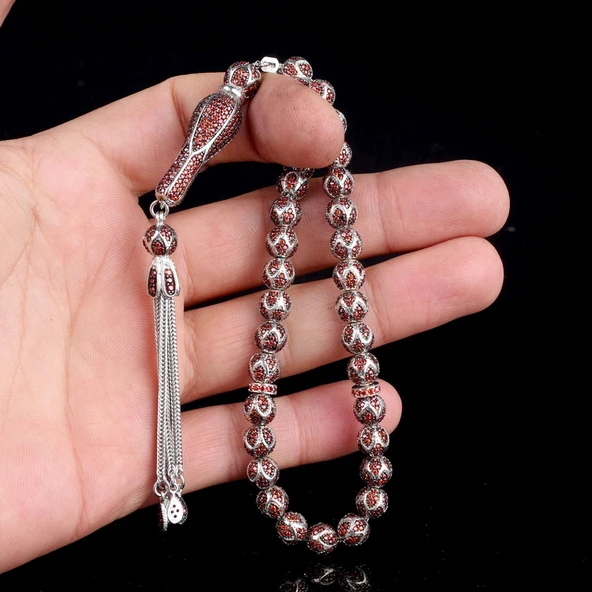 KIRMIZI ZİRKON TAŞ İŞLEMELİ TAMAMI 925 AYAR GÜMÜŞ TESBİH - Resim 3