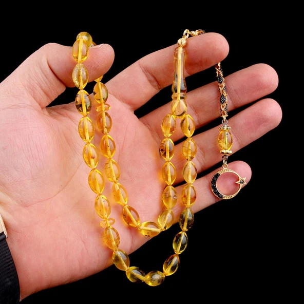 Siyah Zirkon Taşlı Ayyıldız Model Arpa Kesim Damla Kehribar Tesbih - Resim 3