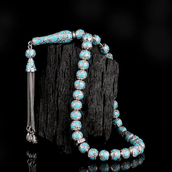 ZİRKON TAŞLI TURKUAZ RENK MİNELİ 925 AYAR GÜMÜŞ TESBİH ürün görseli