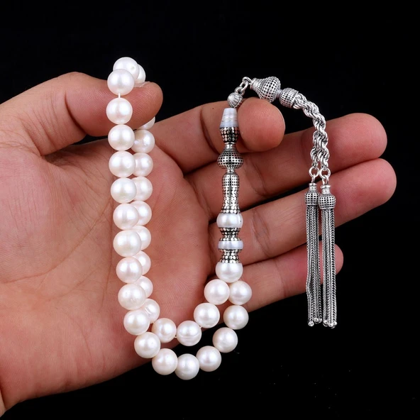 ÖZEL TASARIM GÜMÜŞ  NAKKAŞ İMAME 10 mm İNCİ TAŞI TESBİH - Resim 2