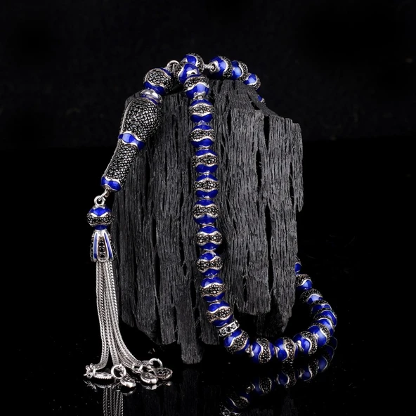 LACİVERT RENK MİNELİ ZİRKON TAŞLI 925 AYAR GÜMÜŞ TESBİH ürün görseli 1