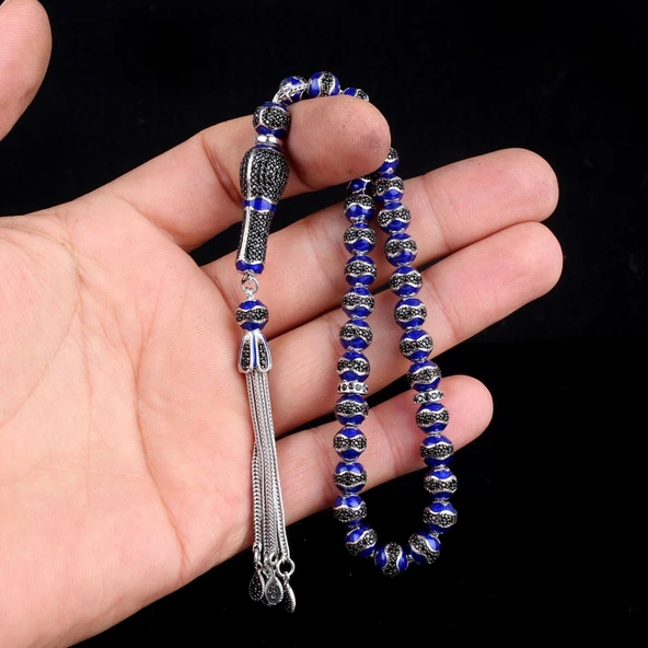 LACİVERT RENK MİNELİ ZİRKON TAŞLI 925 AYAR GÜMÜŞ TESBİH - Resim 3