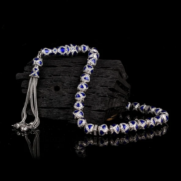 LACİVERT RENK MİNELİ ZİRKON TAŞLI 925 AYAR GÜMÜŞ TESBİH - Resim 2