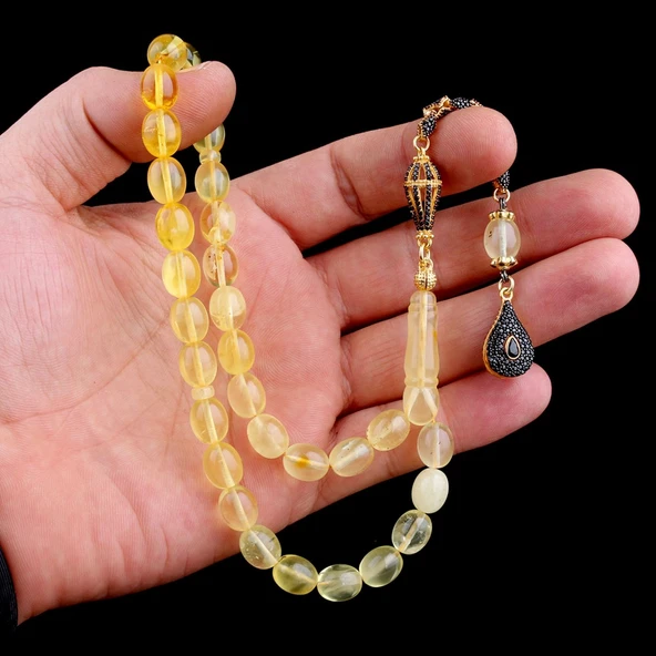 Siyah Zirkon Taşlı Gümüş Püsküllü Fosilli Damla Kehribar Tesbih - Resim 3