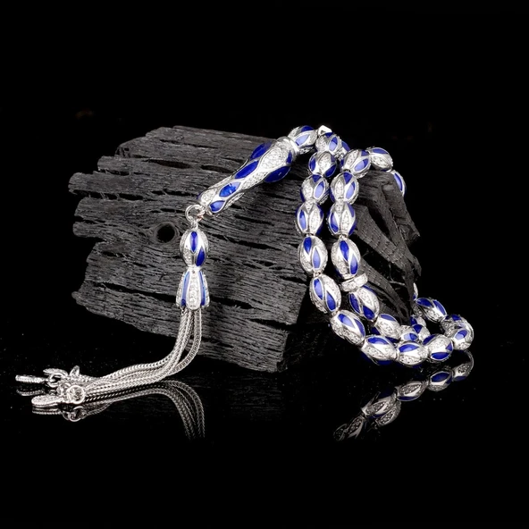 LACİVERT RENK MİNELİ ZİRKON TAŞ İŞLEMELİ TAMAMI 925 AYAR GÜMÜŞ TESBİH - Resim 2