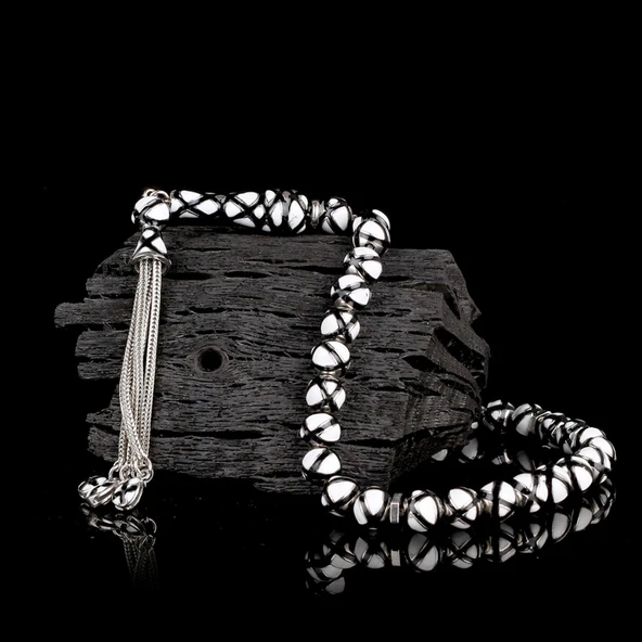 SİYAH BEYAZ RENK MİNELİ 925 AYAR GÜMÜŞ TESBİH - Resim 2