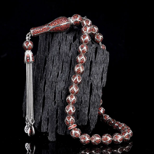 KIRMIZI ZİRKON TAŞ İŞLEMELİ TAMAMI 925 AYAR GÜMÜŞ TESBİH ürün görseli