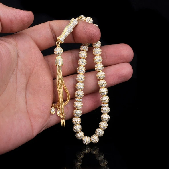 TAMAMI 925 AYAR GÜMÜŞ ALTIN KAPLAMA ZİRKON TAŞLI MODEL TESBİH - Resim 2