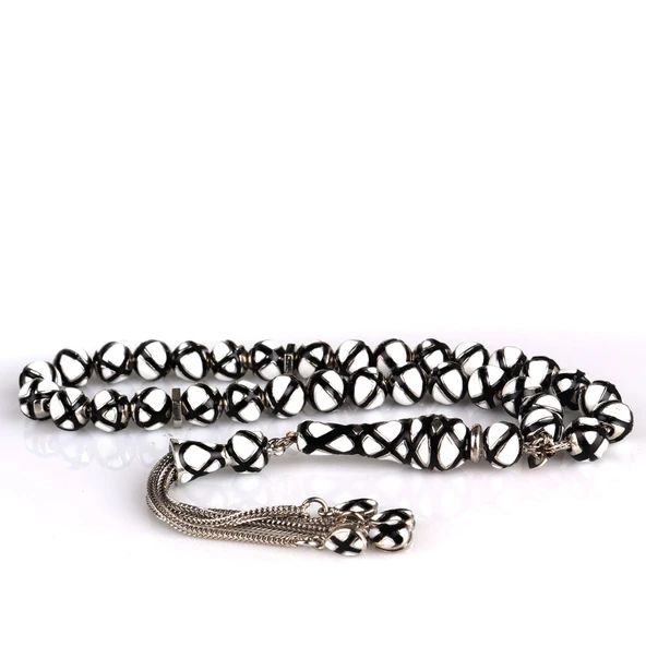 SİYAH BEYAZ RENK MİNELİ 925 AYAR GÜMÜŞ TESBİH - Resim 4