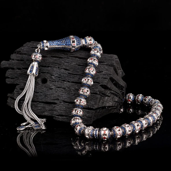 LACİVERT RENK ZİRKON TAŞLI 925 AYAR GÜMÜŞ TESBİH - Resim 2