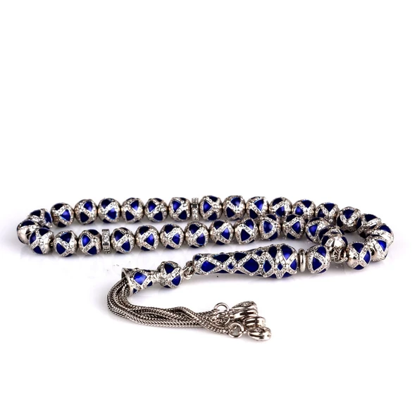 LACİVERT RENK MİNELİ ZİRKON TAŞLI 925 AYAR GÜMÜŞ TESBİH - Resim 4