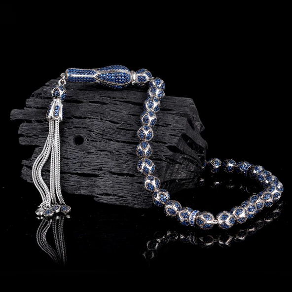 LACİVERT RENK ZİRKON TAŞ İŞLEMELİ TAMAMI 925 AYAR GÜMÜŞ TESBİH - Resim 2