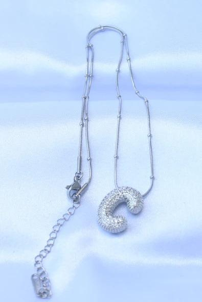 316L Çelik Zincirli Zirkon Taşlı C Harfli Gümüş Renk Bubble Kolye - TJ-BKO8716 - 2