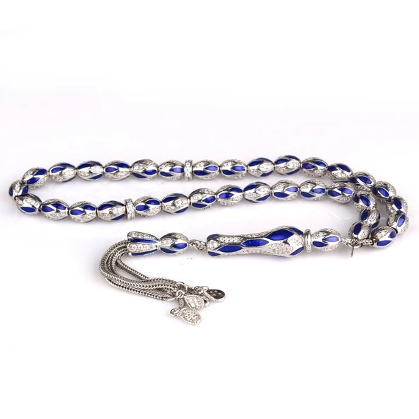 LACİVERT RENK MİNELİ ZİRKON TAŞ İŞLEMELİ TAMAMI 925 AYAR GÜMÜŞ TESBİH - Resim 4