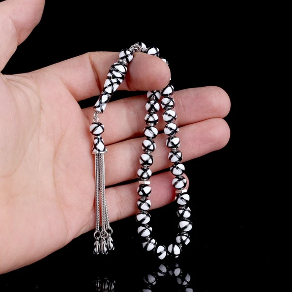 SİYAH BEYAZ RENK MİNELİ 925 AYAR GÜMÜŞ TESBİH - Resim 3