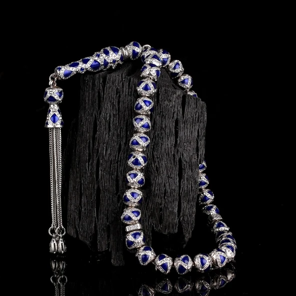 LACİVERT RENK MİNELİ ZİRKON TAŞLI 925 AYAR GÜMÜŞ TESBİH ürün görseli