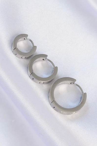 316L Çelik Gümüş Renk Model 3lü Halka Küpe - TJ-BKP9010 - 2