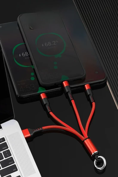 İphone Micro Type-c Hızlı Şarj Kablosu 3in1 Şarz Kablosu Tüm Telefonlara Uyumlu Işıklı Anahtarlık - 3